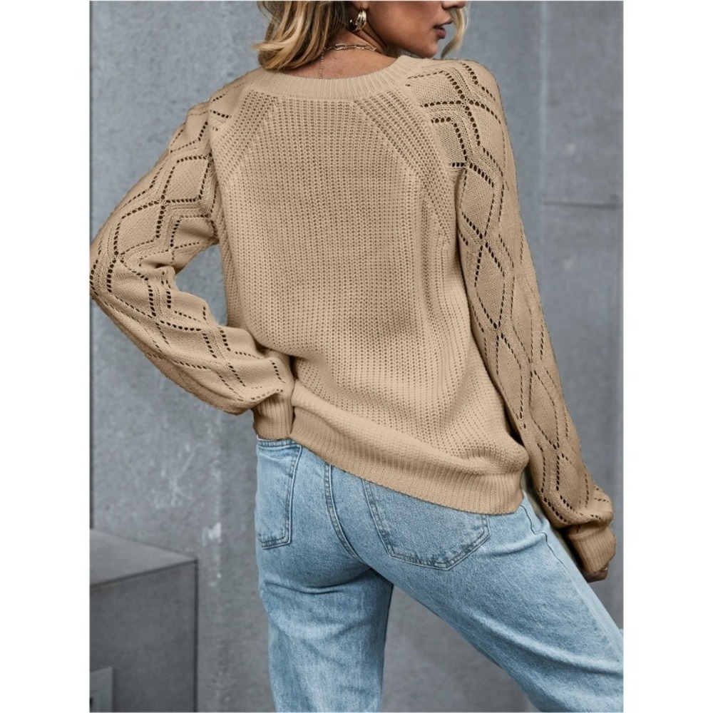 Cupshe Tan‎ Knit Sweater XL Long Sleeve Diamond Cutout Crew Neck Pullover NWT - Picture 2 of 11